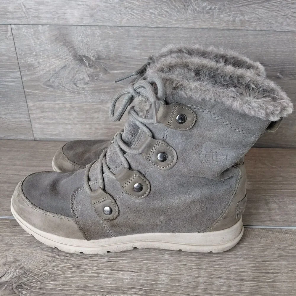 Sorel Explorer Joan Boots Women 10 Gray Suede Leather Winter Waterproof Faux Fur - Picture 5 of 10